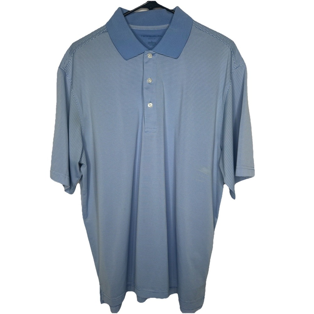 Nicklaus Golf Mens Large Blue White Striped Short Sleeve Performance Polo‎ Shirt